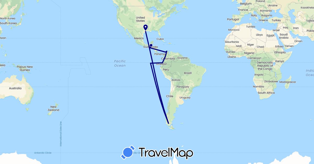TravelMap itinerary: driving in Chile, Colombia, Ecuador, Guatemala, United States (North America, South America)